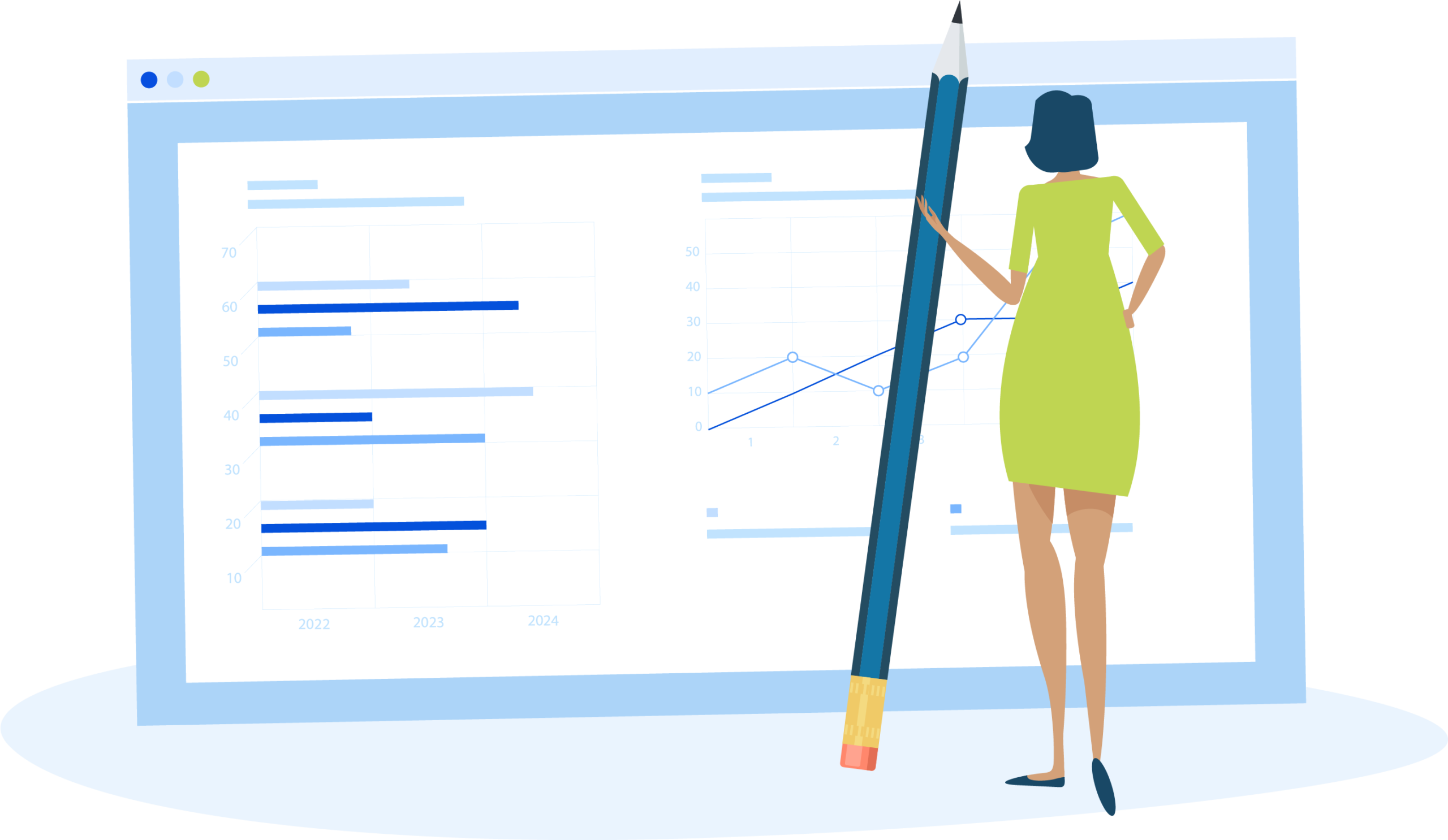 Graphic of woman with pencil standing in front of graph