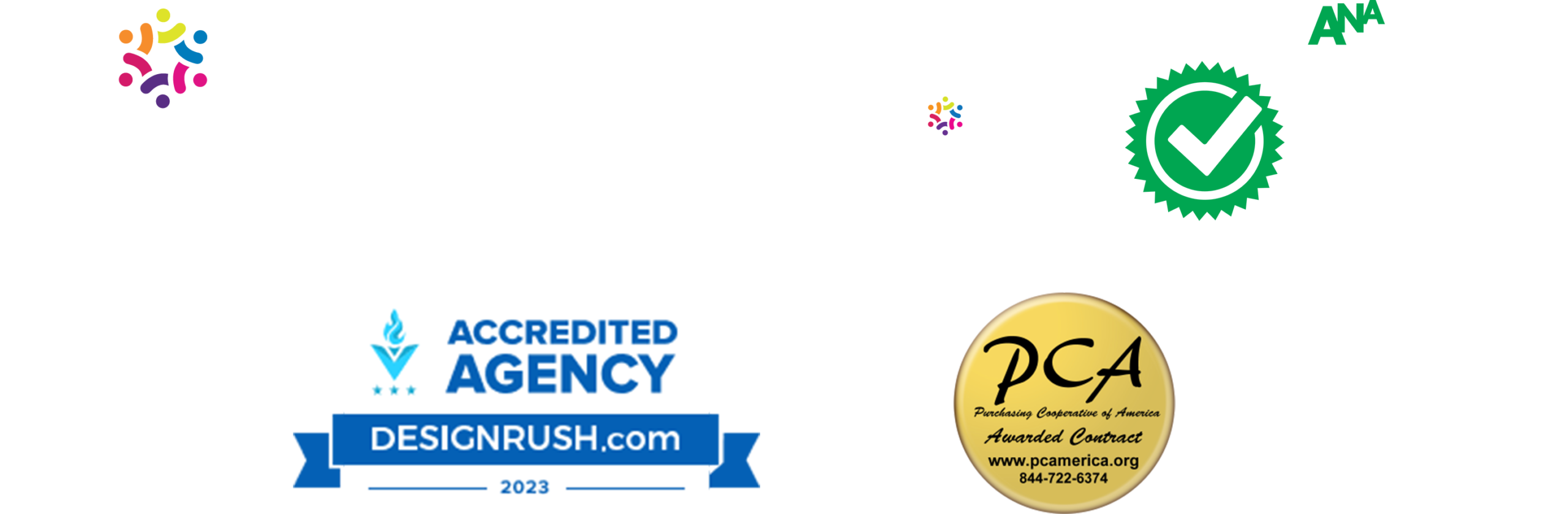 Women-Owned business, WBENC certified, Certified Diverse Supplier, DesignRush Accredited Agency, PCA logos