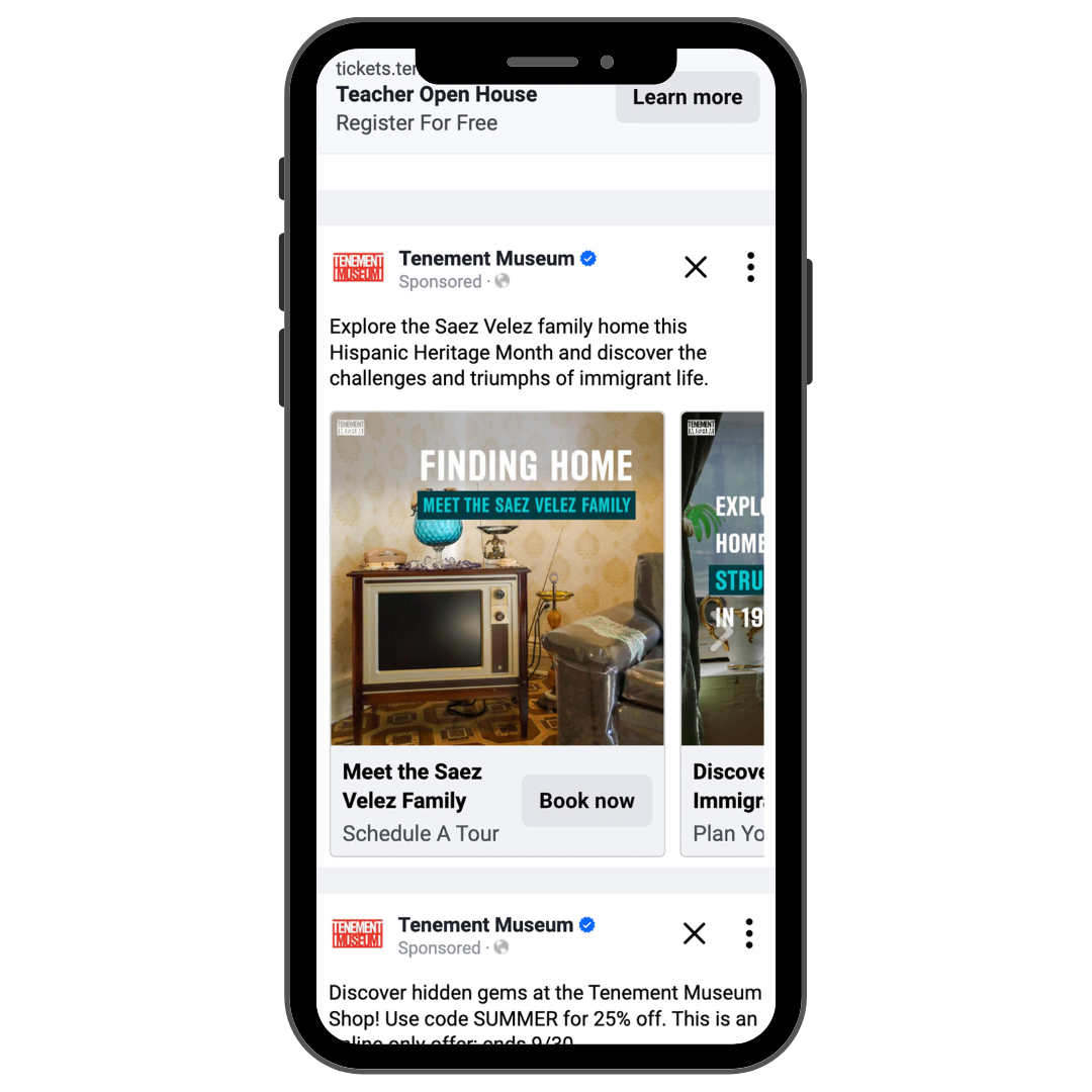 Phone mockup of Tenement Museum Hispanic Heritage Month carousel ads