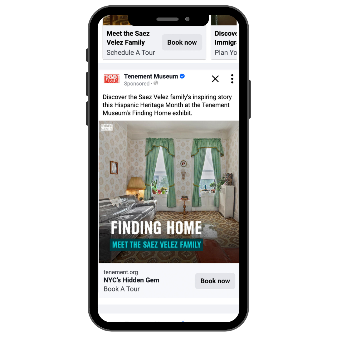 Phone mockup of Tenement Museum Hispanic Heritage Month ad