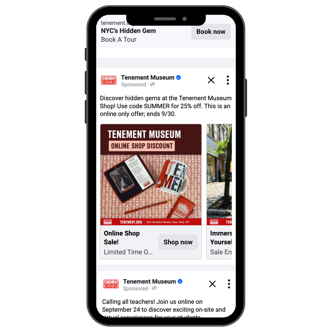 Phone mockup of Tenement Museum Shop Discount carousel ad