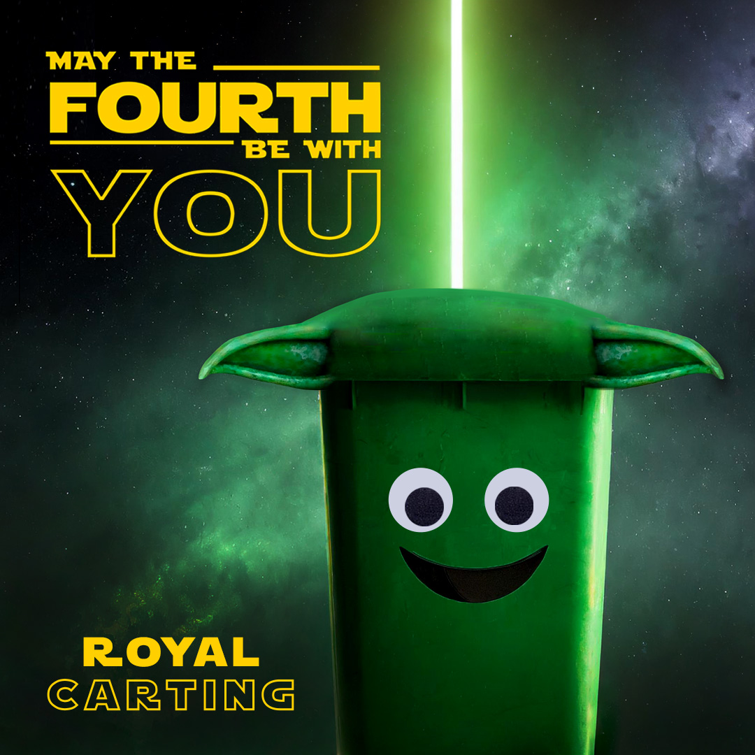 Royal Carting garbage can dressed as Yoda for May Fourth ad