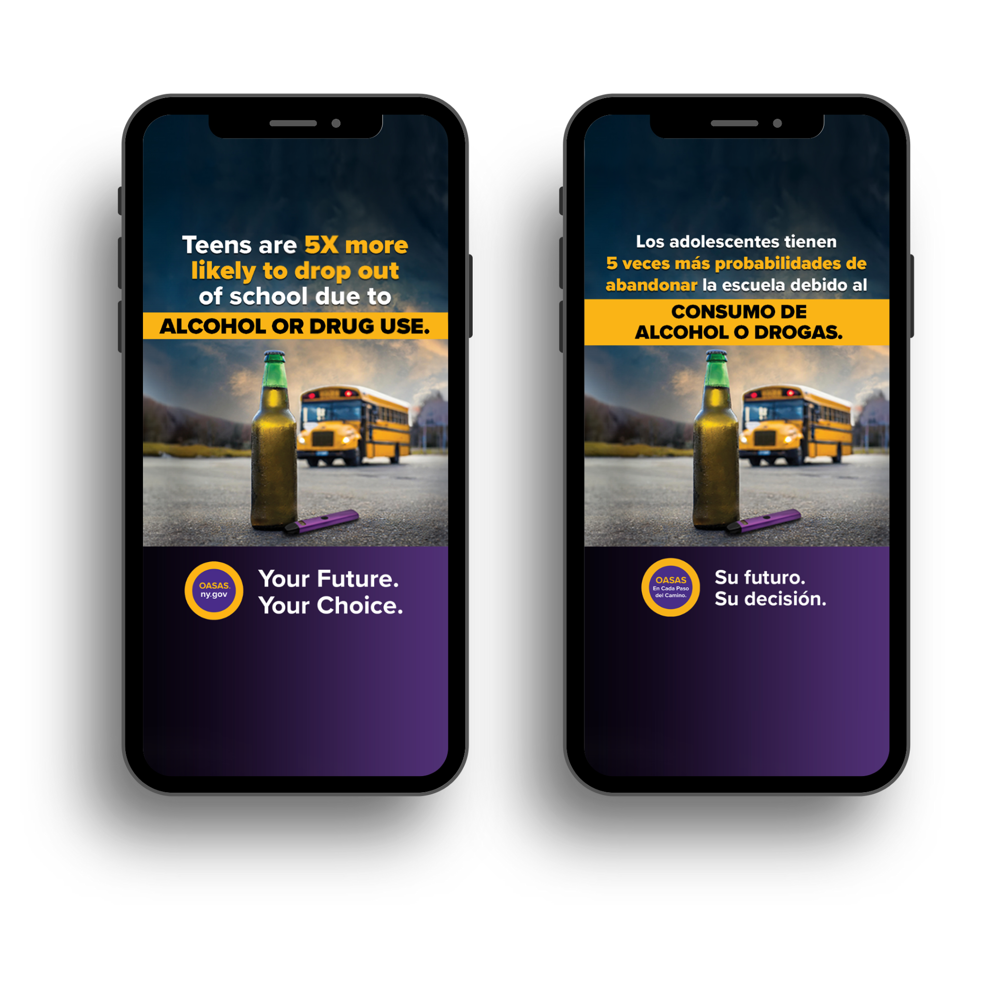 OASAS_Mobile Ad Mockups Side-by-side mobile phone mockups of OASAS prevention ads in English and Spanish