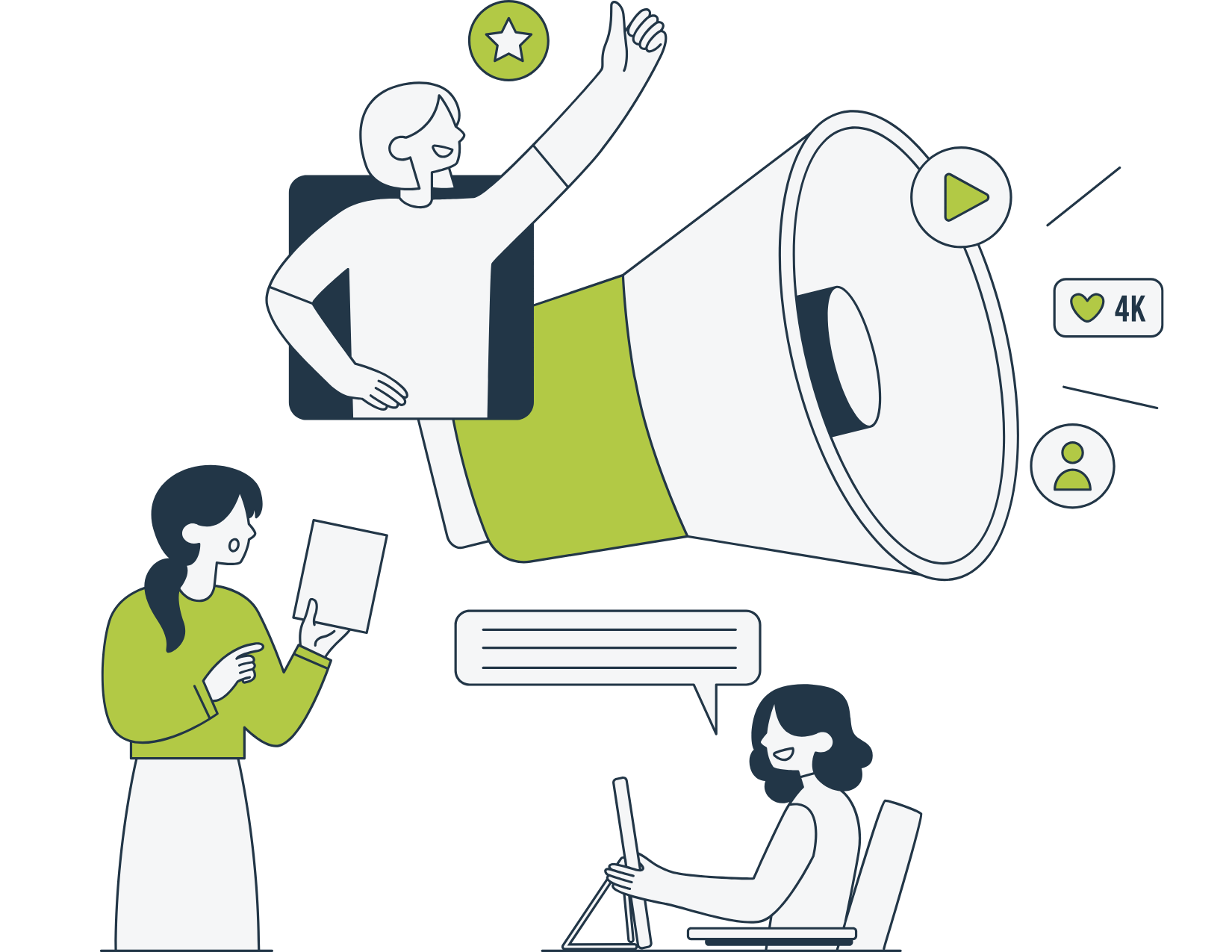 Graphic of a megaphone, people on a computer, holding paper, and holding out a thumbs up