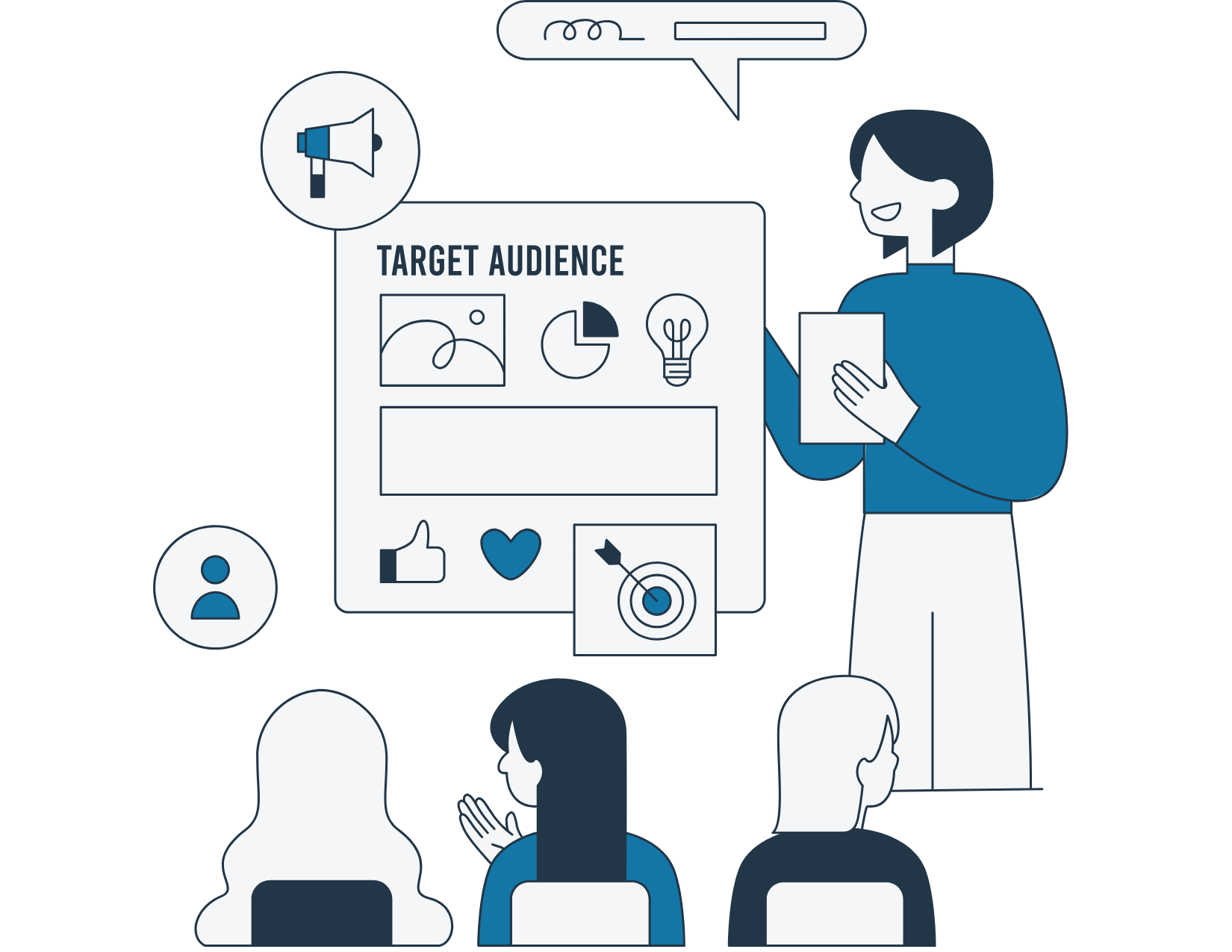 Graphic of a person presenting on key platforms to an audience
