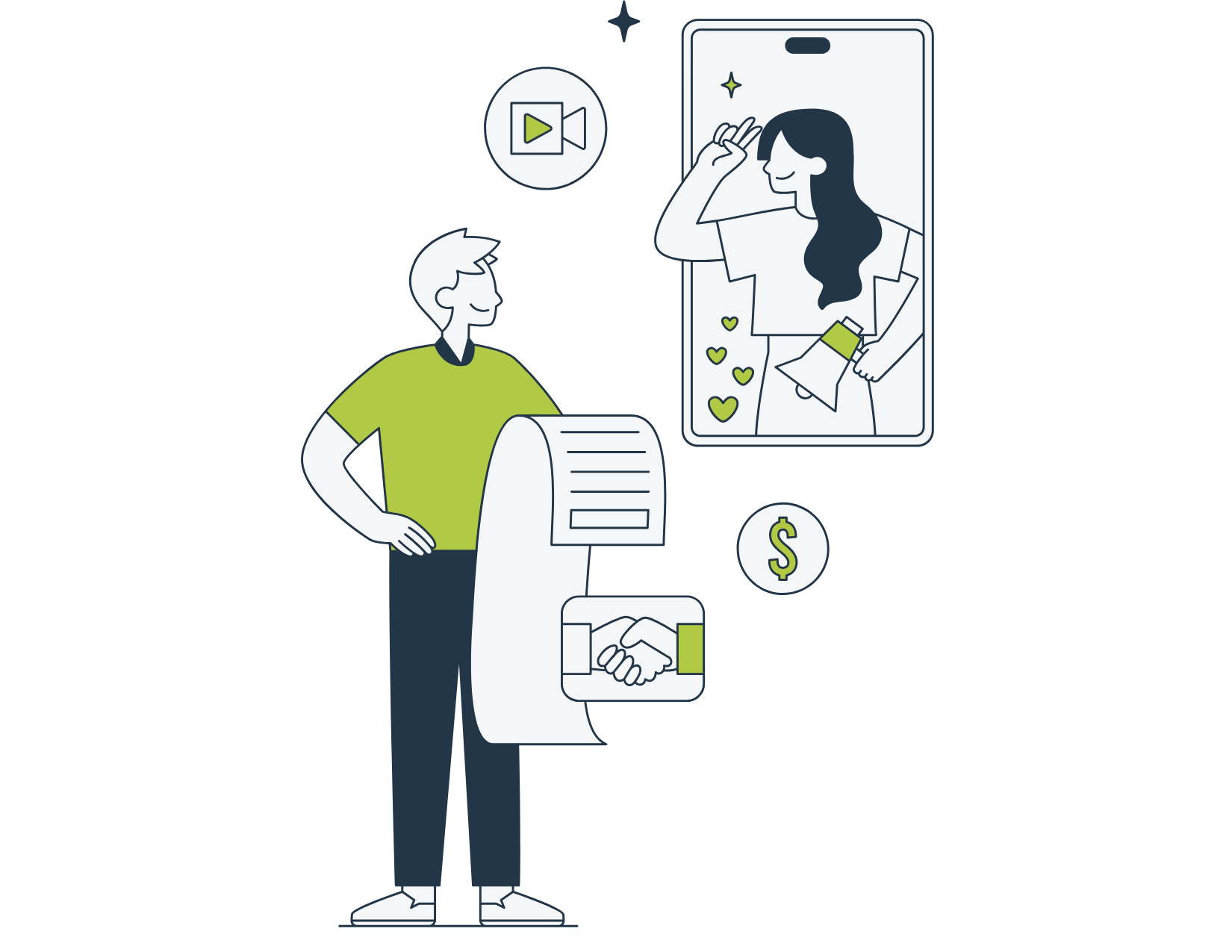 Graphic of a person with a contract and an influencer with a megaphone