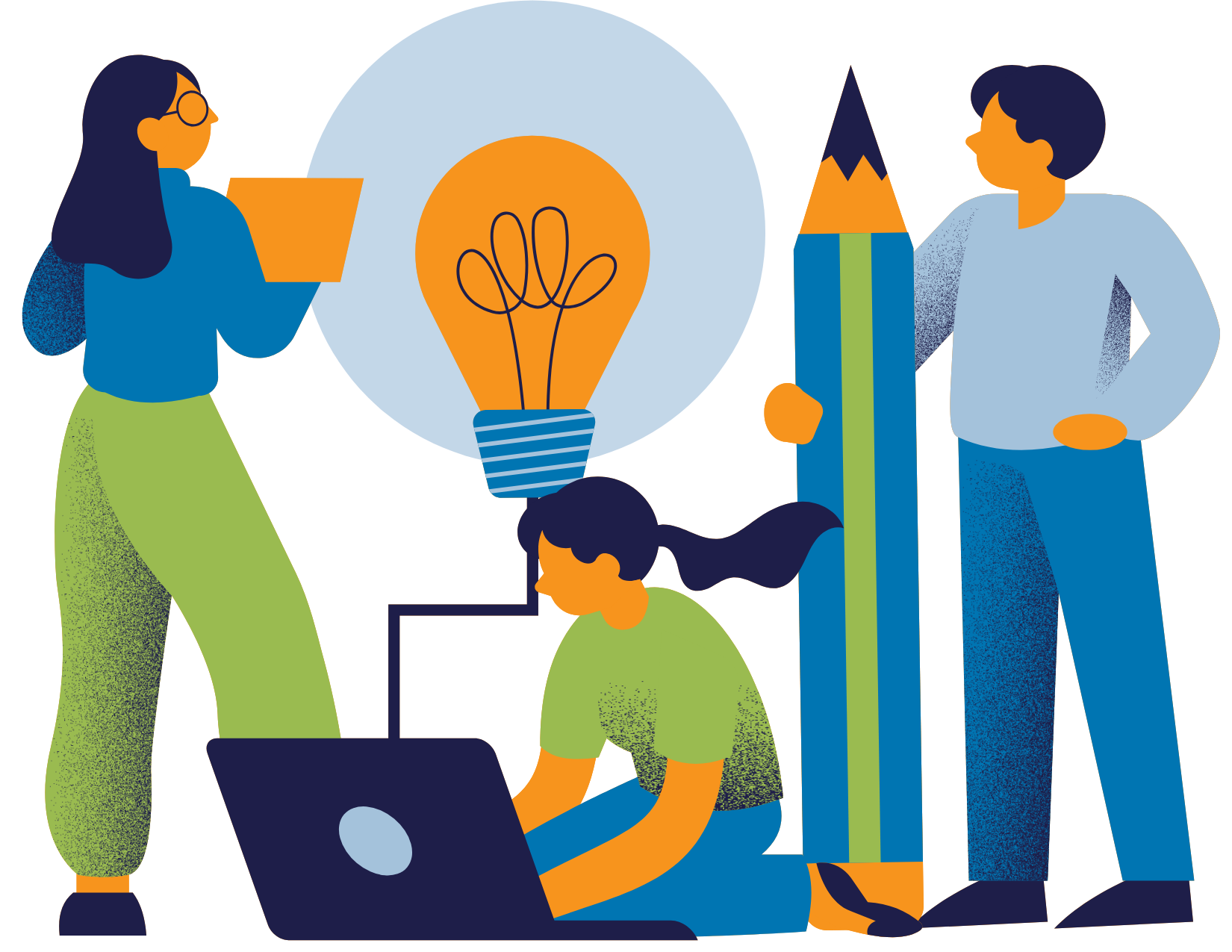 Graphic of people holding a pencil and working at laptops all looking at a lightbulb