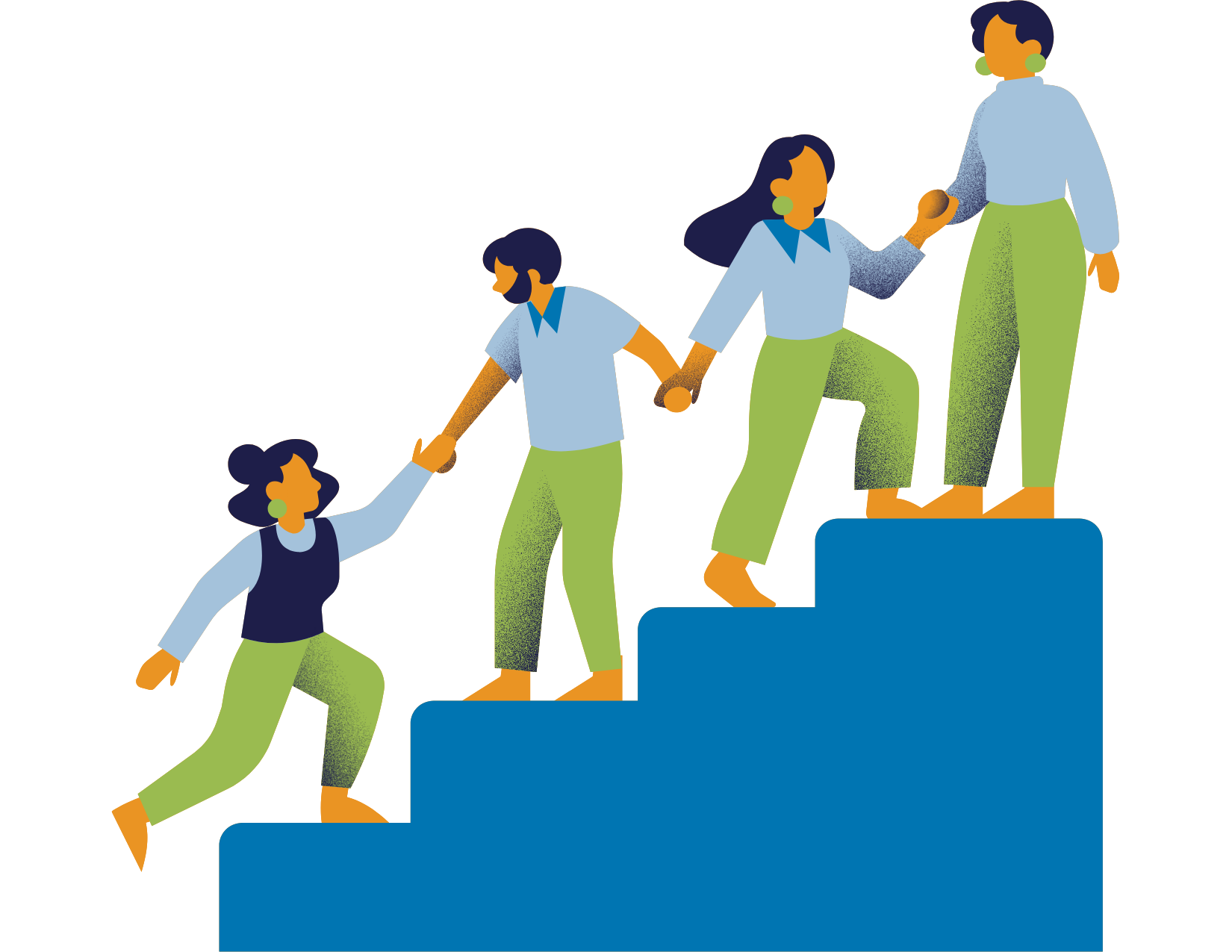 Graphic of people helping each other up a staircase