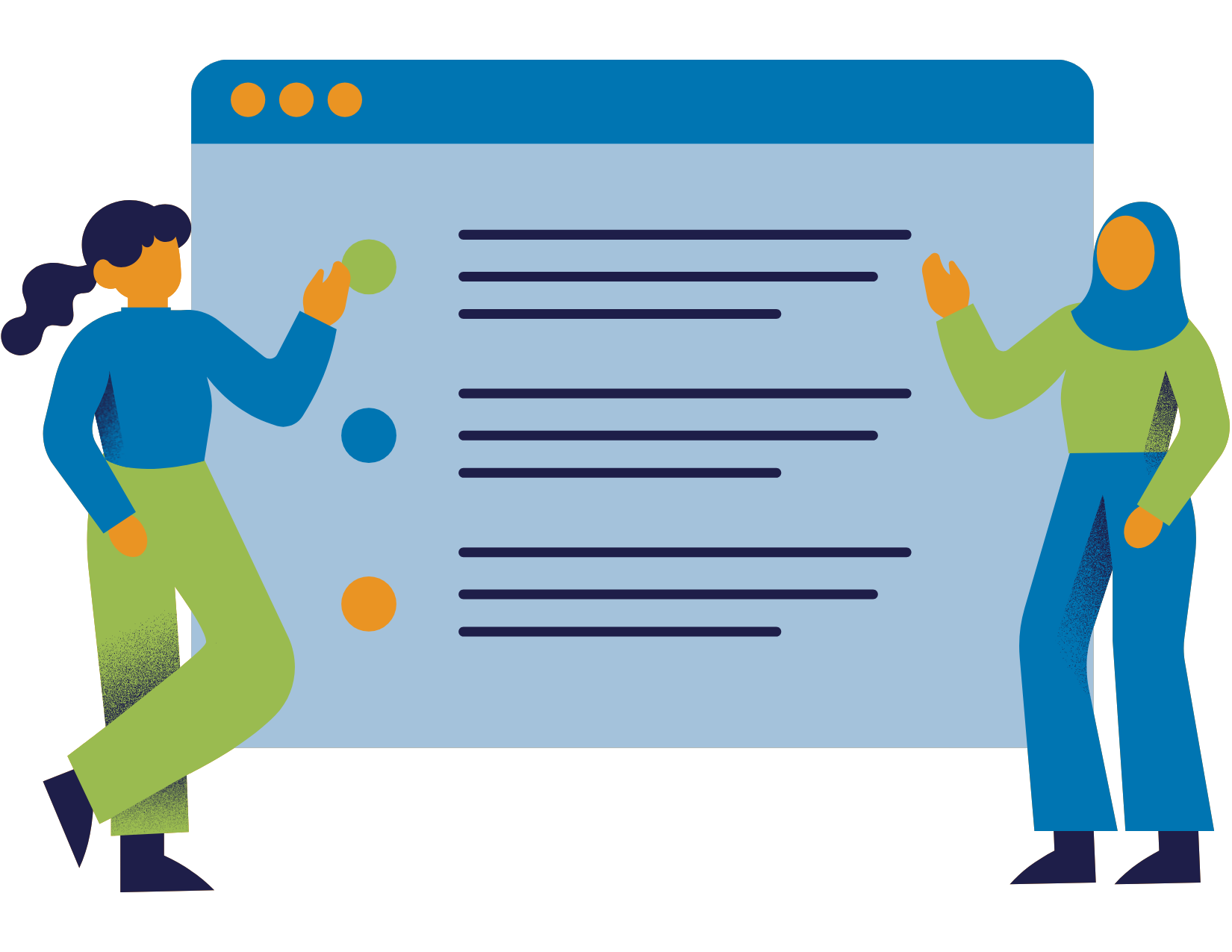 Graphic of two people in front of large computer window