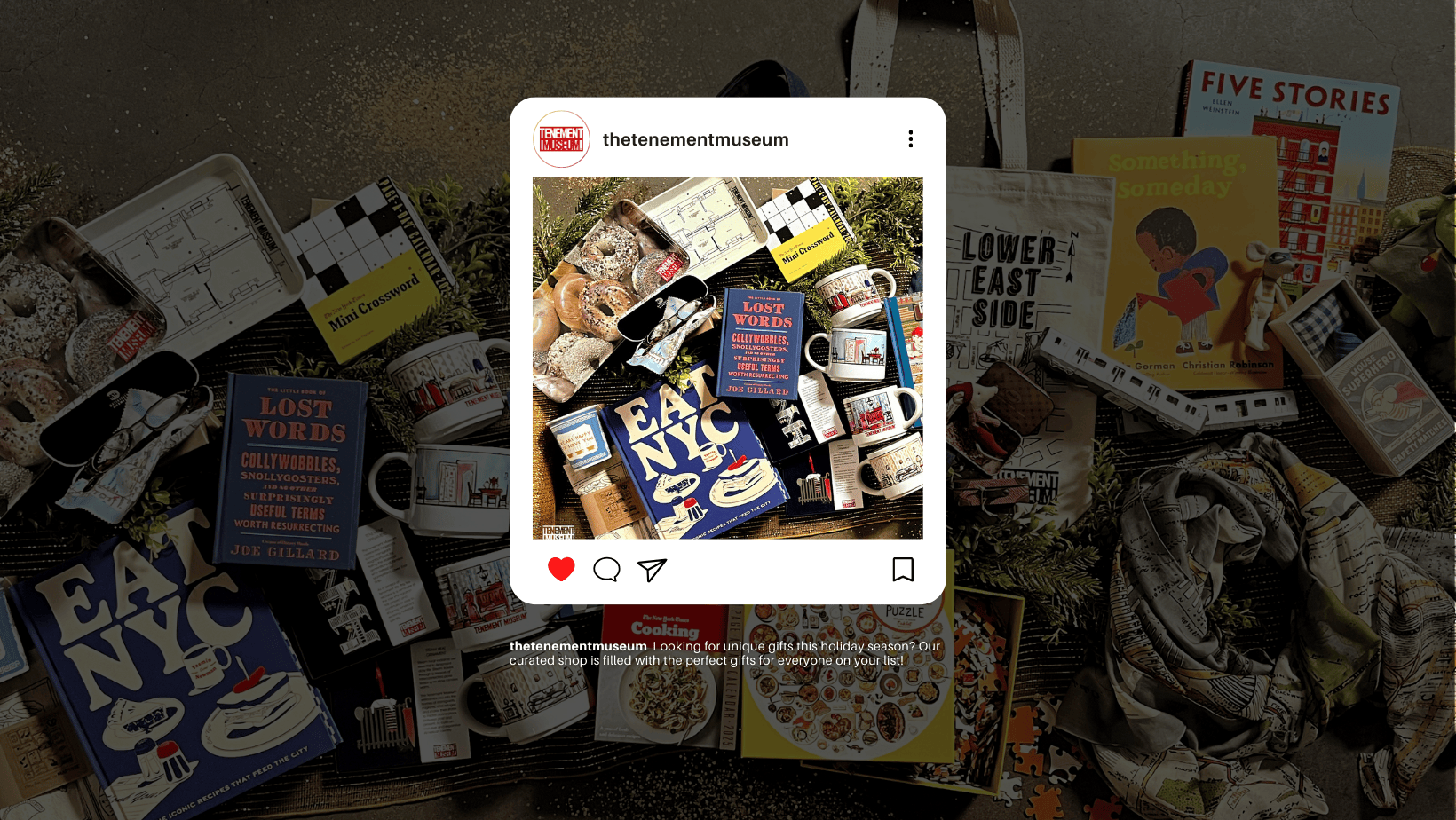 Mockup of Tenement Instagram ad with photo gift shop items. Caption reads " Looking for unique gifts this holiday season? Our curated shop is filled with the perfect gifts for everyone on your list!"