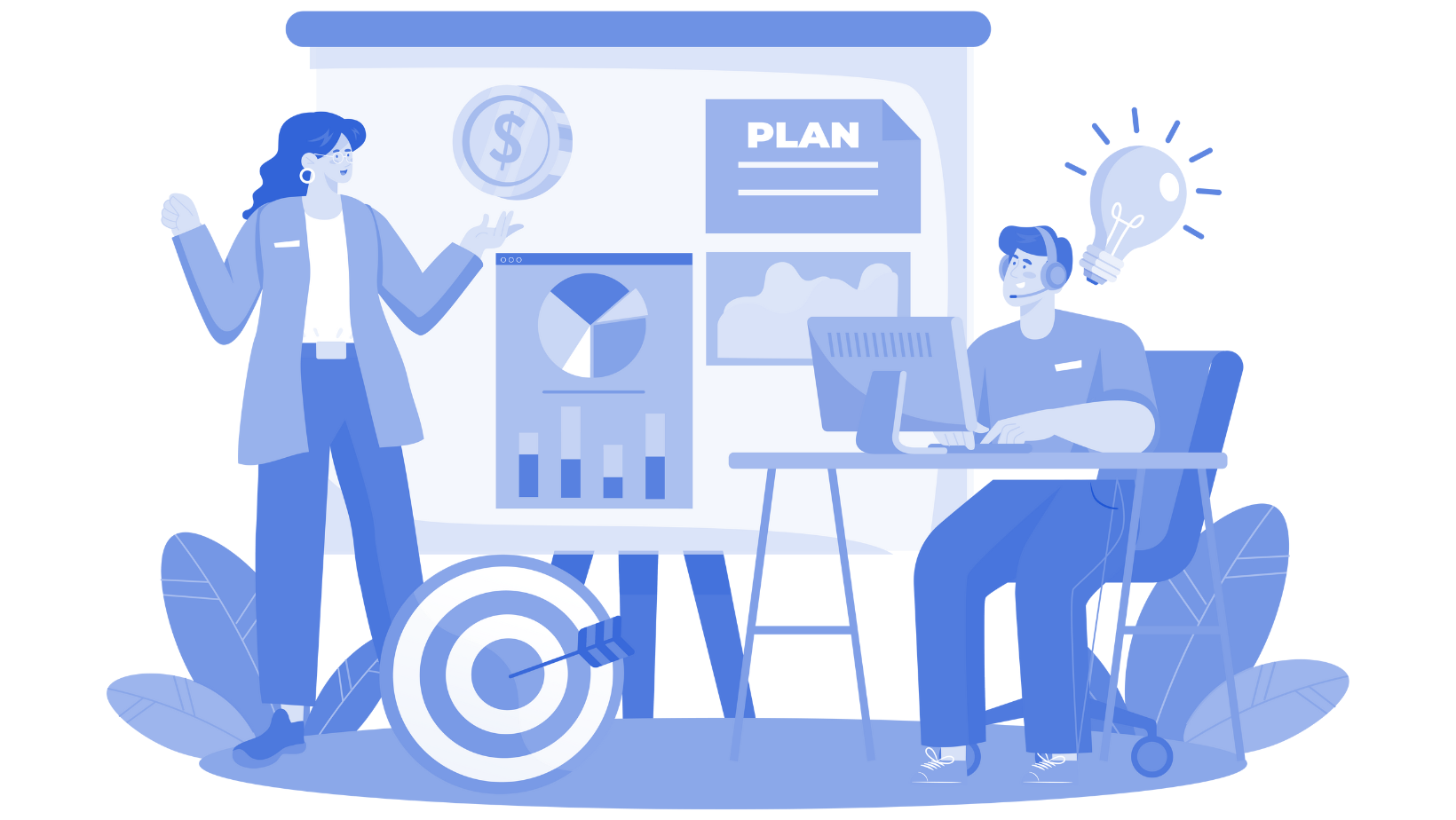 Marketing Automation Blog - Graphic 7 Graphic of financial advisors offering guidance on investment strategies and financial planning.