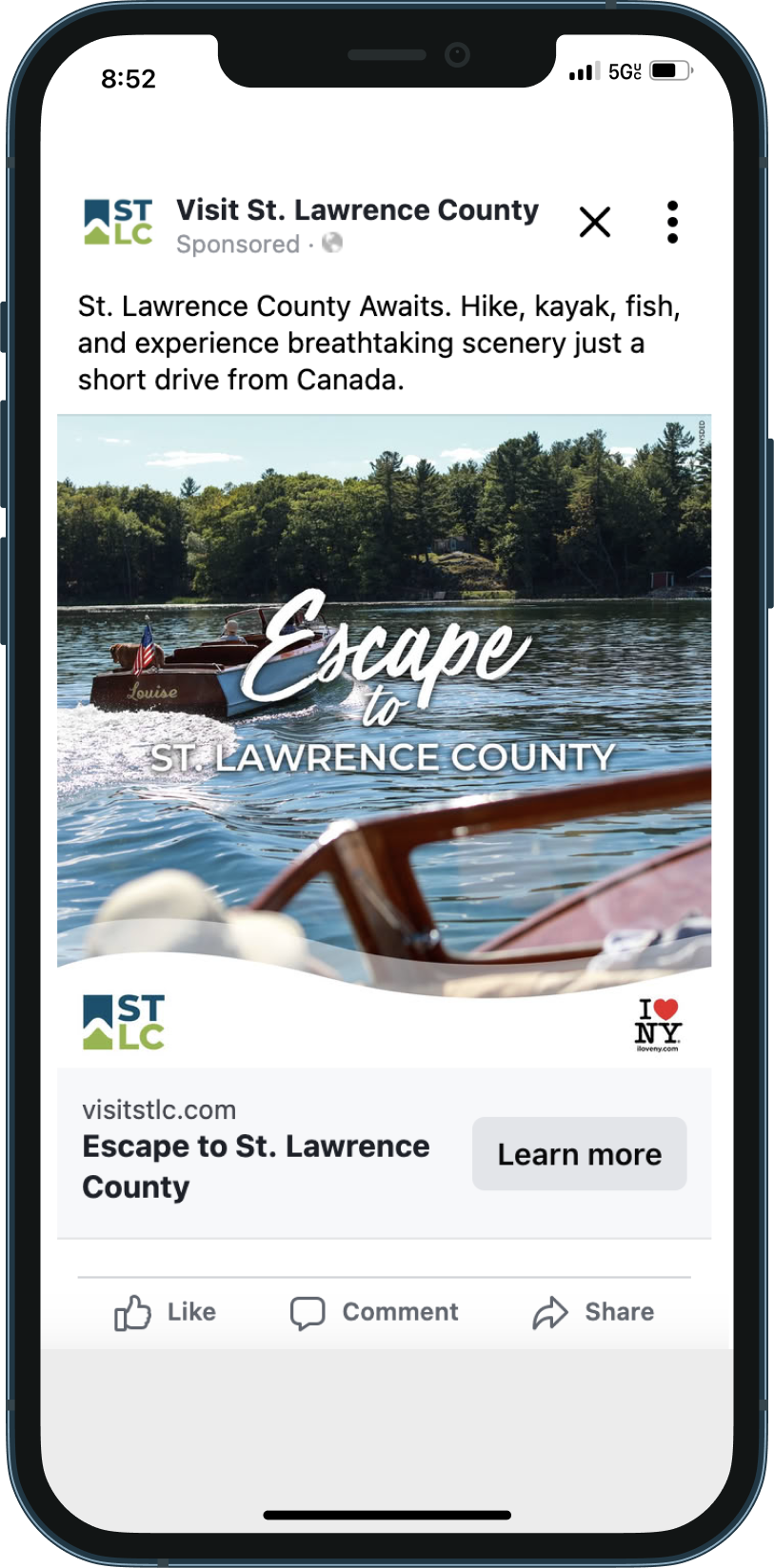 STLC Ad Mockup Single Ad 2 Mobile mockup of St Lawrence County Facebook ad