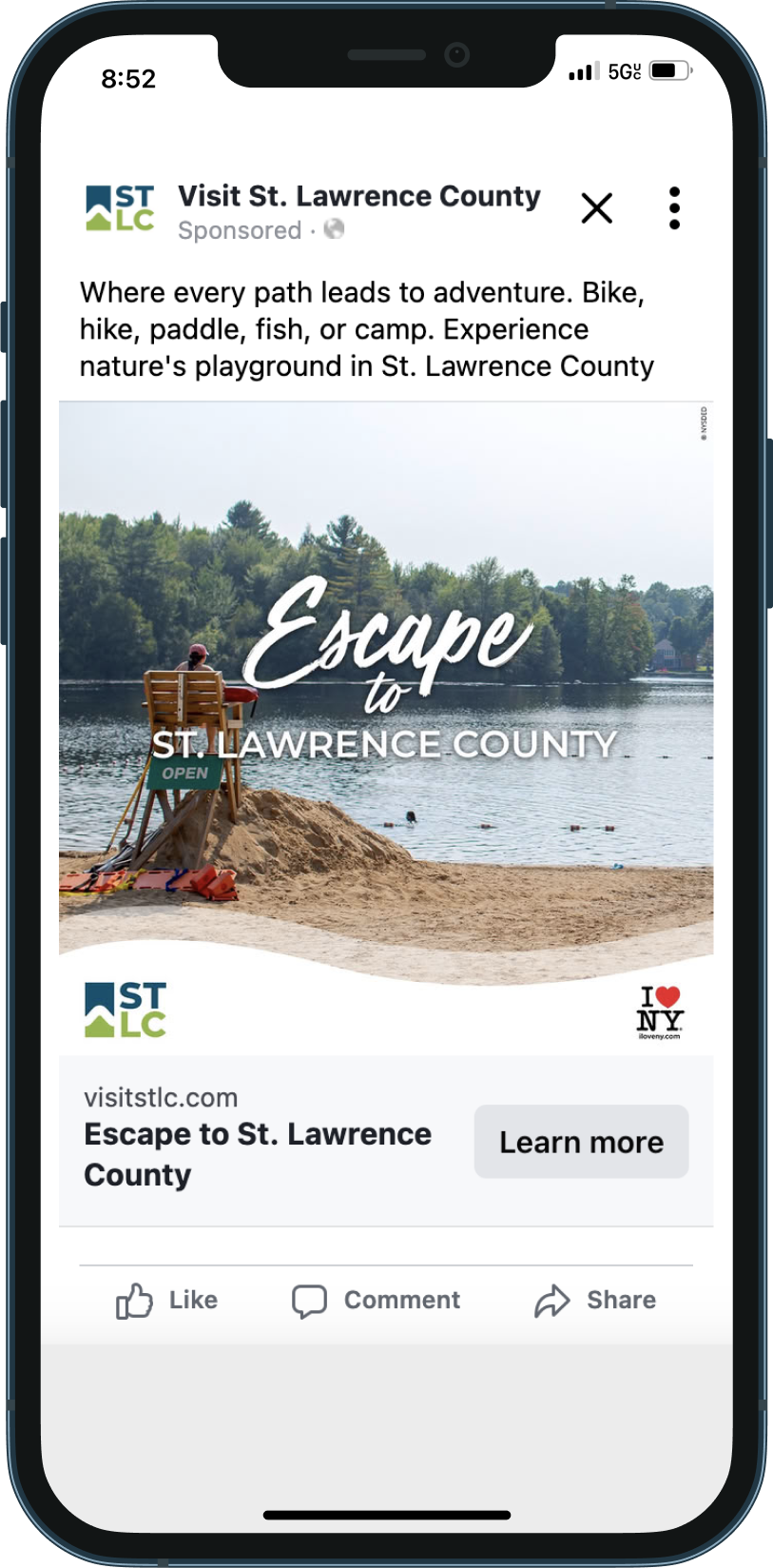 STLC Ad Mockup Single Ad 3 Mobile mockup of St Lawrence County Facebook ad
